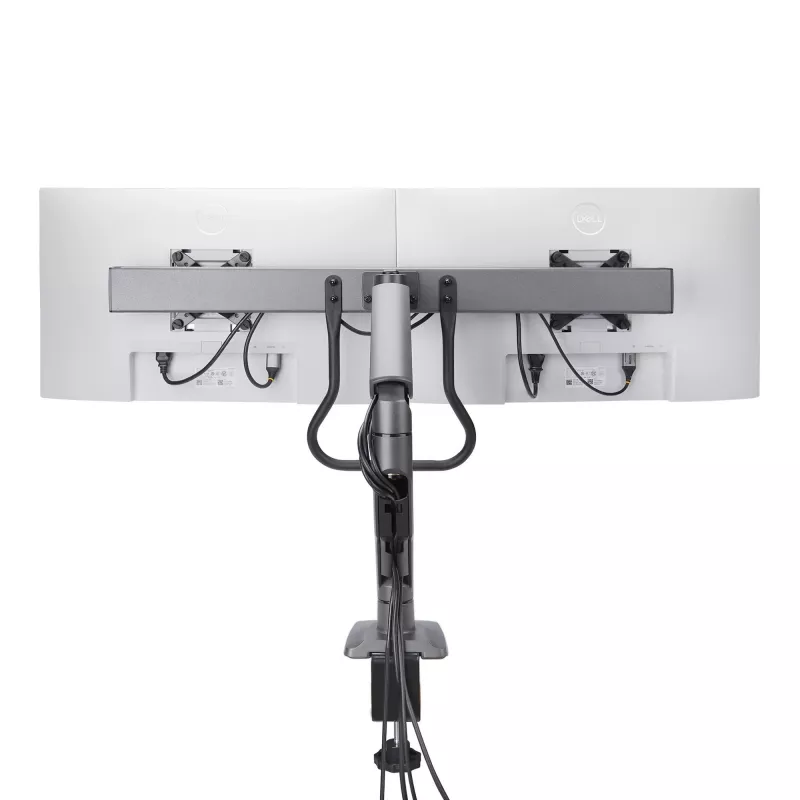 StarTech.com Galda stiprinājums diviem monitoriem ar šķērsstieni, līdz 27 collu ekrāniem, VESA 75x75/100x100, maks. 15 kg, C-skava, pilnībā artikulējošs, mehāniskā atspere, TAA