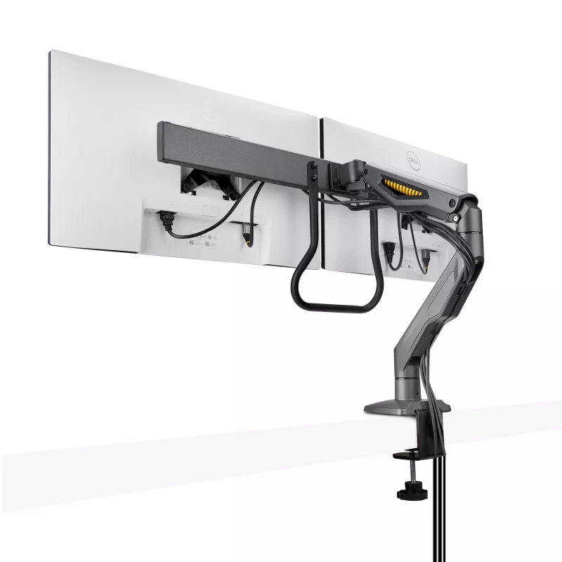 StarTech.com Galda stiprinājums diviem monitoriem ar šķērsstieni, līdz 27 collu ekrāniem, VESA 75x75/100x100, maks. 15 kg, C-skava, pilnībā artikulējošs, mehāniskā atspere, TAA