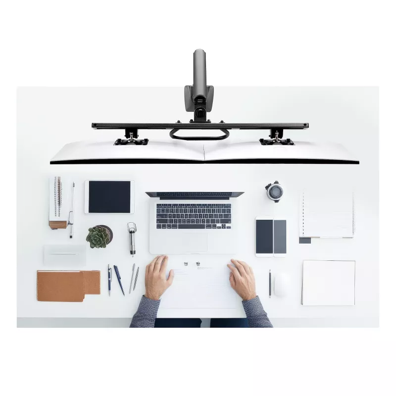 StarTech.com Galda stiprinājums diviem monitoriem ar šķērsstieni, līdz 27 collu ekrāniem, VESA 75x75/100x100, maks. 15 kg, C-skava, pilnībā artikulējošs, mehāniskā atspere, TAA
