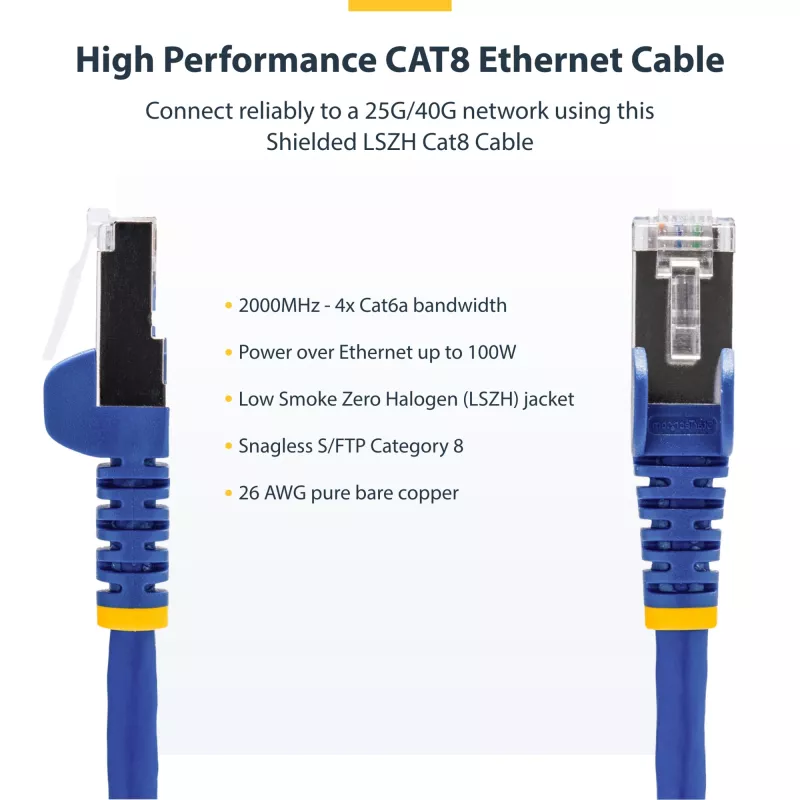 StarTech.com 3m zils CAT8 Ethernet kabelis, bezķēdes RJ45, 25G/40G, 2000MHz, 100W PoE++, S/FTP, 26AWG tīrs varš, LSZH, ekranēts tīkla vads ar stresa mazinātājiem, individuāli testēts