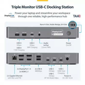 StarTech.com Trīs monitoru USB-C dokstacija, 140W klēpjdatora uzlāde MacBook Pro un Windows, 4K 60Hz HDMI vai DisplayPort, TAA