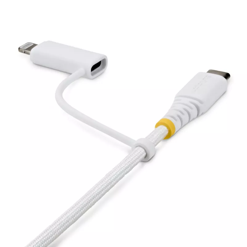 StarTech.com 1m (3ft) 2-in-1 Rugged USB-C lādēšanas kabelis ar Lightning adapteri, 30W/60W (3A), Apple MFi sertificēts, pīts USB-C lādētāja vads iPhone/iPad/Android