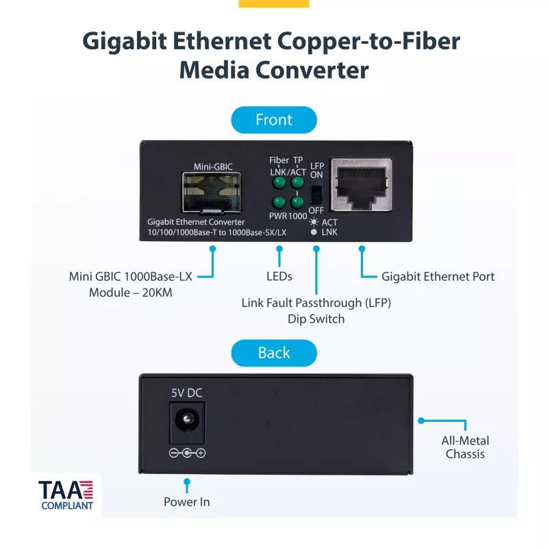 StarTech.com Gigabit Ethernet vara-uz-šķiedru pārveidotājs, SM LC, 20km, 10/100/1000 Mbps, RJ45 uz LC, pilns metāls, 9K Jumbo Frames, TAA atbilstošs