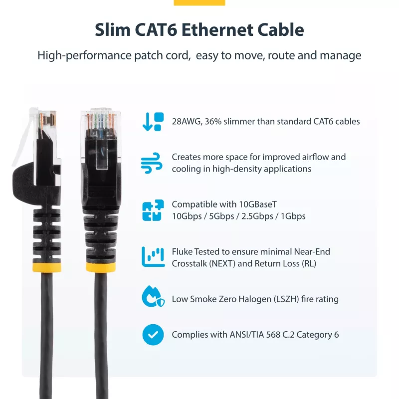StarTech.com 10 m Dzeltens Plāns CAT6 Ethernet Kabelis, Bezķēdes, 100W PoE, UTP, LSZH, 28AWG Tīrs Vara Stieple, Plāns RJ45 Tīkla Savienojuma Vads ar Sprieguma Samazinātājiem, Individuāli Testēts