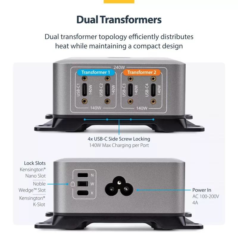 StarTech.com 4-portu USB-C lādētājs, 240W kopā, 140W EPR vienā portā, PD 3.1, skrūvējami porti, montāžas kronšteins