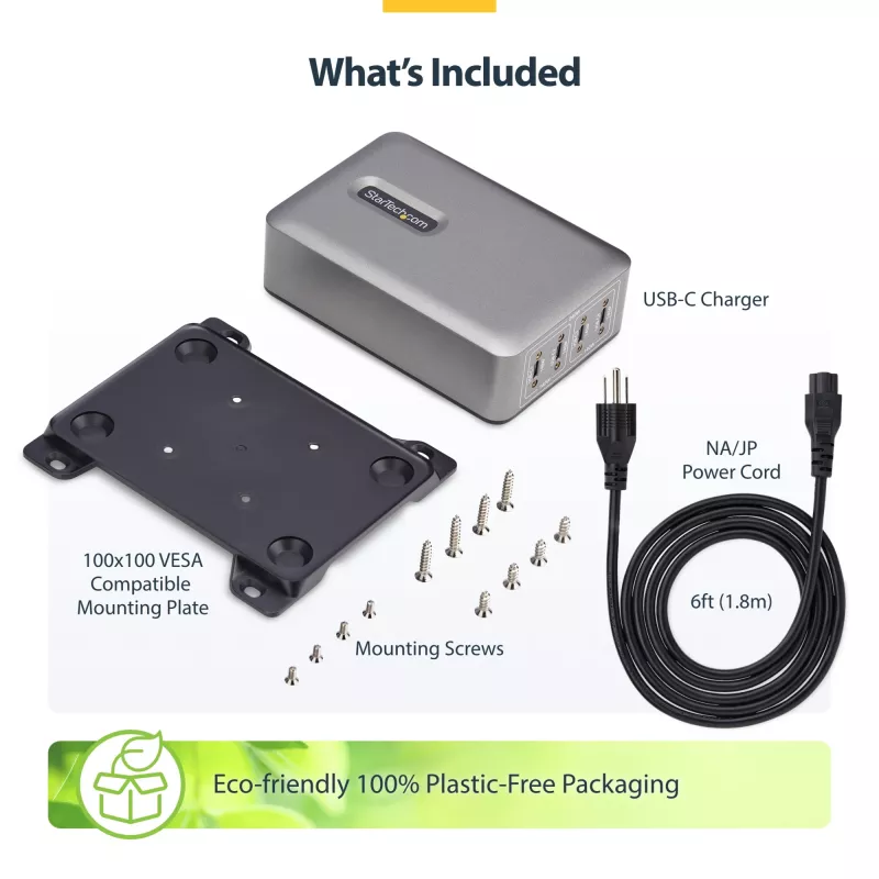 StarTech.com 4-portu USB-C lādētājs, 240W kopā, 140W EPR vienā portā, PD 3.1, skrūvējami porti, montāžas kronšteins