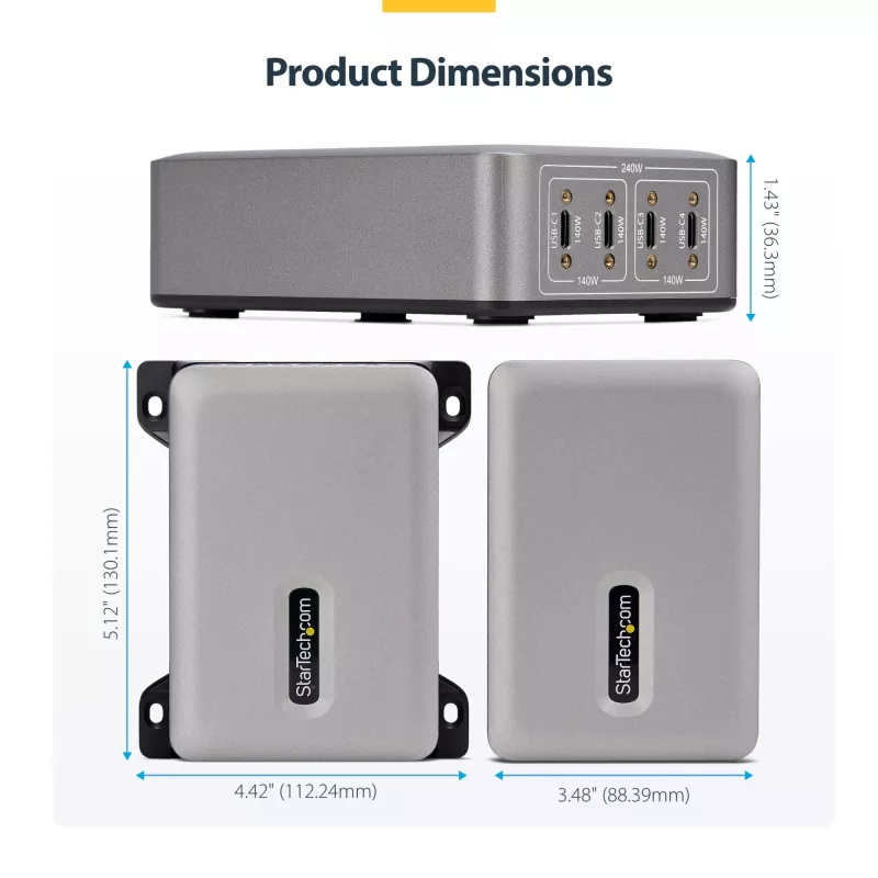 StarTech.com 4-portu USB-C lādētājs, 240W kopā, 140W EPR vienā portā, PD 3.1, skrūvējami porti, montāžas kronšteins