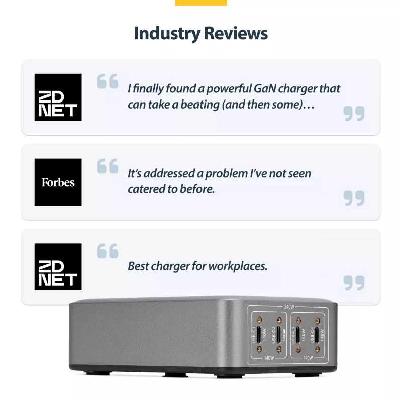StarTech.com 4-portu USB-C lādētājs, 240W kopā, 140W EPR vienā portā, PD 3.1, skrūvējami porti, montāžas kronšteins