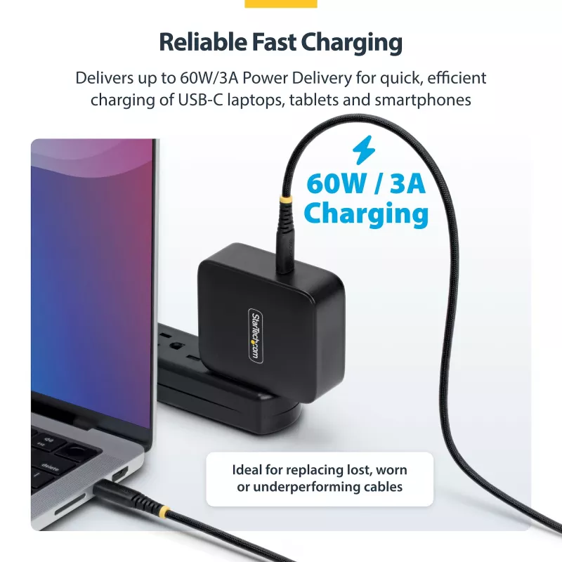 StarTech.com 1m USB-C uzlādes kabelis, 60W (3A) PD, dubultā pinuma neilona/TPE apvalks, izturīgs USB-C lādēšanas vads, USB 2.0 klēpjdatora lādētāja kabelis