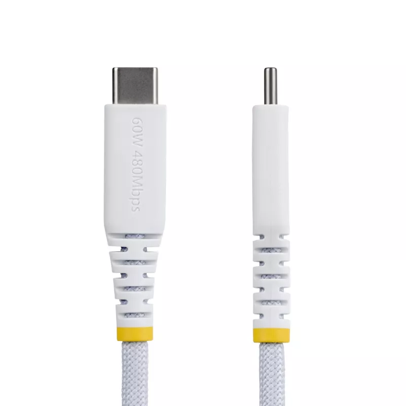 StarTech.com 1m balts USB-C uzlādes kabelis, 60W (3A) PD, dubultslāņa pīts neilona/TPE apvalks, izturīgs USB-C uzlādes vads, USB 2.0 klēpjdatora lādētāja kabelis