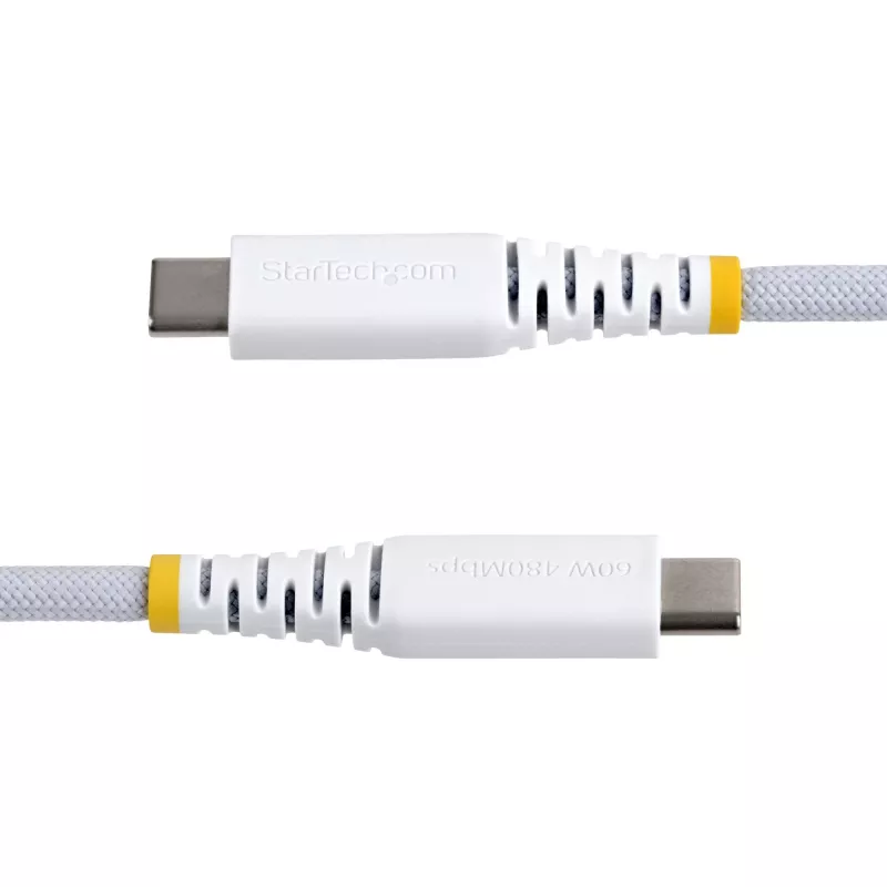 StarTech.com 1m balts USB-C uzlādes kabelis, 60W (3A) PD, dubultslāņa pīts neilona/TPE apvalks, izturīgs USB-C uzlādes vads, USB 2.0 klēpjdatora lādētāja kabelis