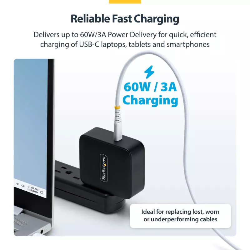 StarTech.com 1m balts USB-C uzlādes kabelis, 60W (3A) PD, dubultslāņa pīts neilona/TPE apvalks, izturīgs USB-C uzlādes vads, USB 2.0 klēpjdatora lādētāja kabelis