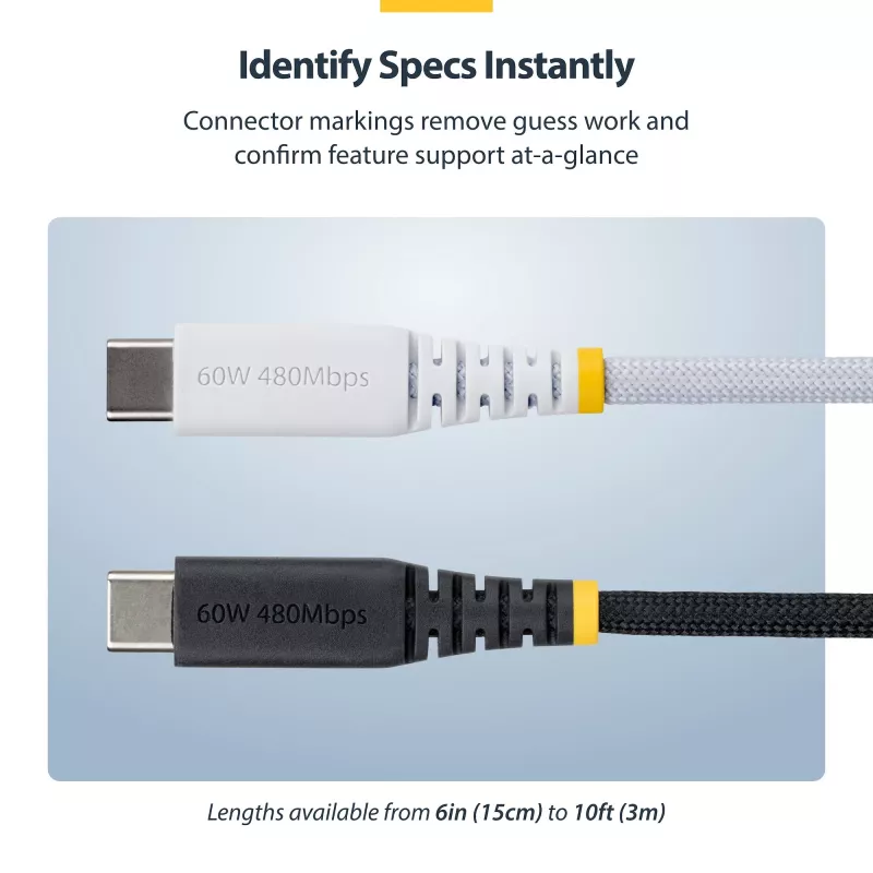 StarTech.com 1m balts USB-C uzlādes kabelis, 60W (3A) PD, dubultslāņa pīts neilona/TPE apvalks, izturīgs USB-C uzlādes vads, USB 2.0 klēpjdatora lādētāja kabelis