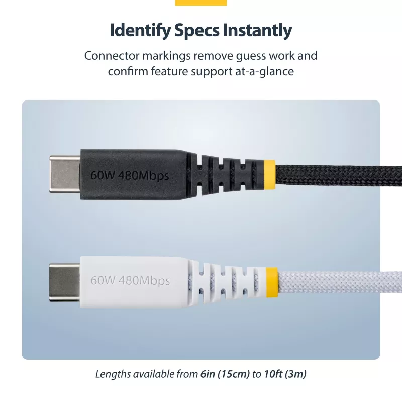StarTech.com 3m USB-C Lādēšanas Kabelis, 60W (3A) PD, Divslāņu Pīts Neilona/TPE Apvalks, Izturīgs USB-C Lādēšanas Vads, USB 2.0 Klēpjdatora Lādētāja Kabelis