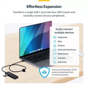 StarTech.com 4 portu USB-C centrmezgls, 5Gbps, barots no USB, USB-C uz 4x USB-A mini centrmezgls, pagarināts 61cm vads, PCR plastmasa, pārnēsājams galddatora / klēpjdatora USB centrmezgls