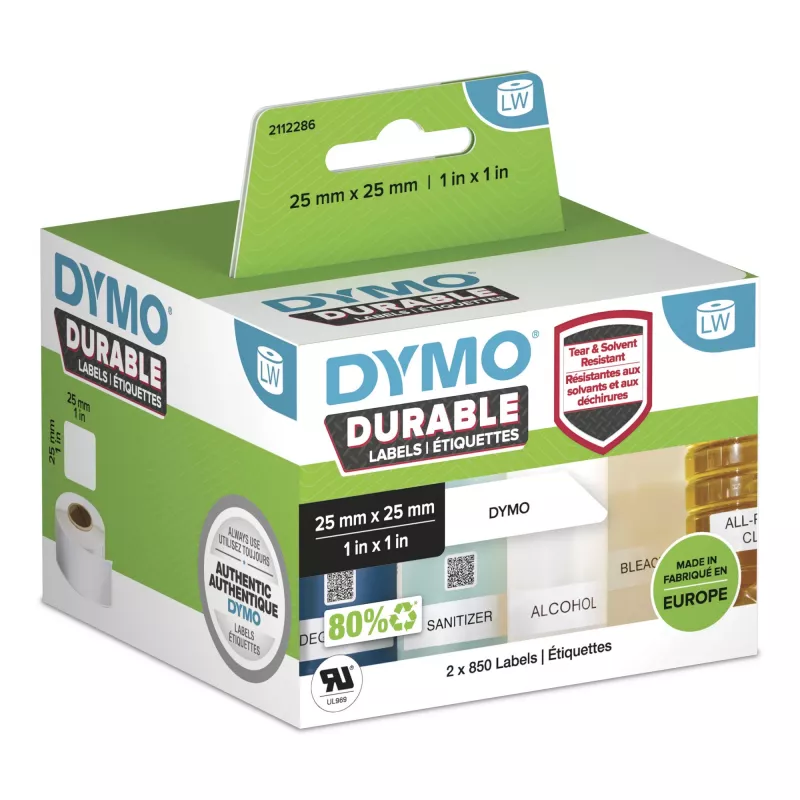 DYMO Original LabelWriter Izturīgas etiķetes | 25mm x 25mm | Balts polipropilēns | 2 ruļļi pa 850 (1700 pašlīmējošas etiķetes) | Augstas veiktspējas | LabelWriter etiķešu printeriem