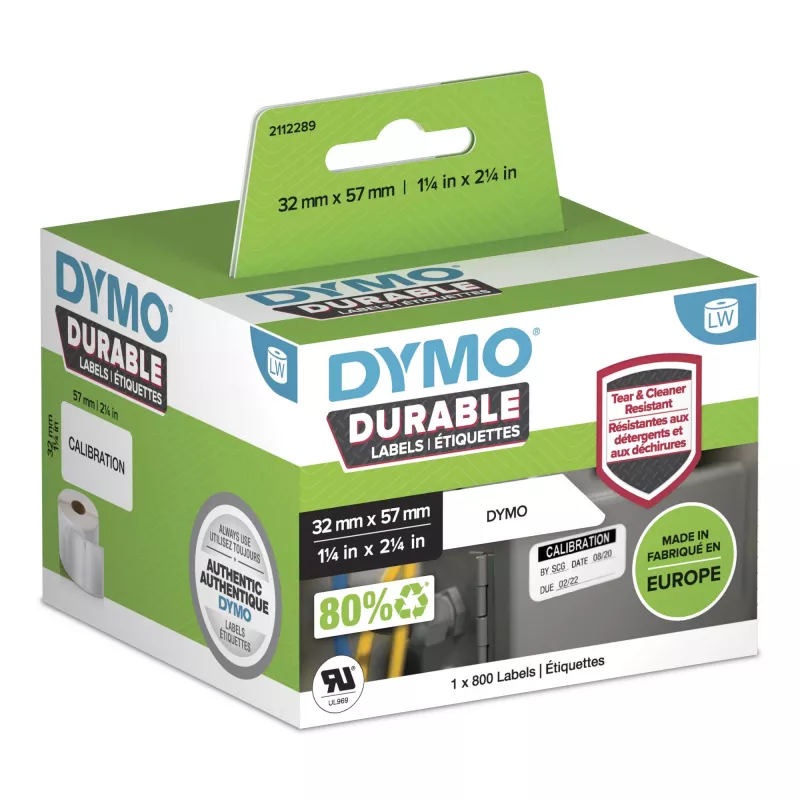 DYMO Original LabelWriter Izturīgas etiķetes | 57mm x 32mm | Baltas polipropilēna | 800 pašlīmējošas etiķetes | Augstas veiktspējas | LabelWriter marķētājiem
