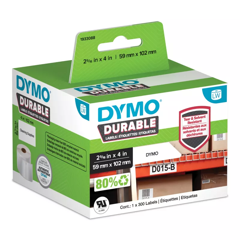DYMO Original LabelWriter Izturīgās etiķetes | 59mm x 102mm | Balts polipropilēns | 300 pašlīmējošas etiķetes | Augstas veiktspējas | LabelWriter etiķešu printeriem