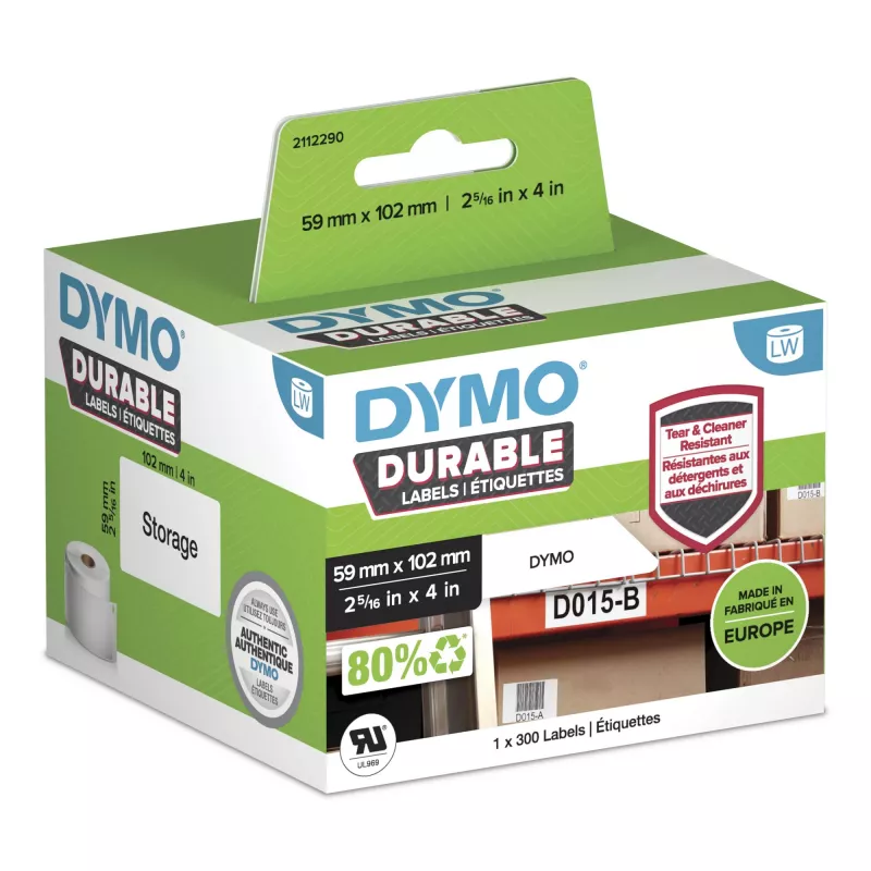 DYMO Original LabelWriter Izturīgās etiķetes | 59mm x 102mm | Balts polipropilēns | 300 pašlīmējošas etiķetes | Augstas veiktspējas | LabelWriter etiķešu printeriem