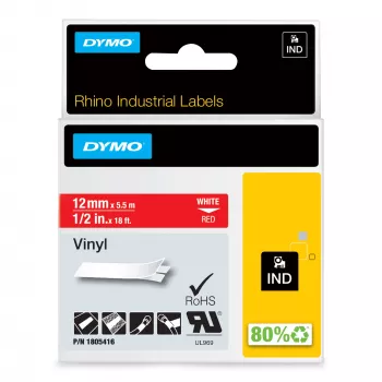 DYMO Rhino rūpnieciskās vinila etiķetes | 12 mm x 5,5 m | Balts drukājums uz sarkana | Pašlīmējošas | LabelManager un Rhino marķētājiem