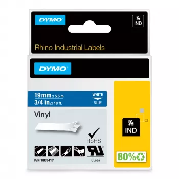 DYMO Rhino Industrial Vinila etiķetes | 19 mm x 5,5 m | Balts drukājums uz zila | Pašlīmējošas | LabelManager un Rhino marķētājiem