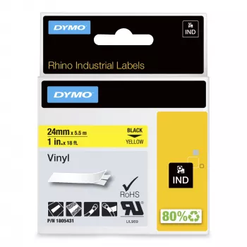 DYMO Rhino rūpnieciskās vinila etiķetes | 24 mm x 5,5 m | Melns uz dzeltena | Pašlīmējošas | LabelManager un Rhino etiķešu printeriem