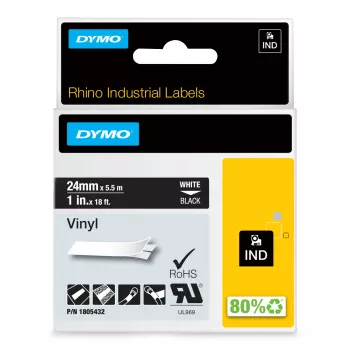 DYMO Rhino Industrial Vinila etiķetes | 24 mm x 5,5 m | Balts drukājums uz melna | Pašlīmējošas | LabelManager un Rhino marķētājiem