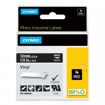 DYMO Rhino industriālās vinila etiķetes | 12 mm x 5,5 m | Balts uz melna | Pašlīmējošas | LabelManager un Rhino marķētājiem