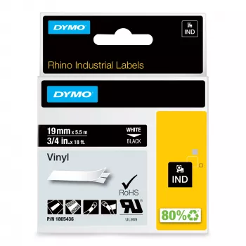 DYMO Rhino industriālās vinila lentes | 19 mm x 5,5 m | Balts uz melna | Pašlīmējošas | LabelManager un Rhino marķētājiem