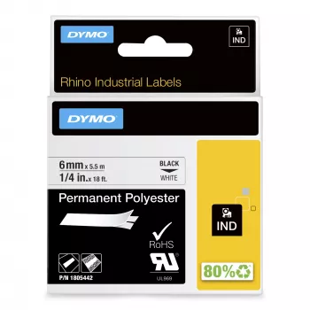 DYMO Rhino Industrial Pastāvīgas Poliestera Uzlīmes | 6 mm x 5,5 m | Melns Uz Balta | Pašlīmējošas | Rhino un LabelManager Etiķešu Printeriem