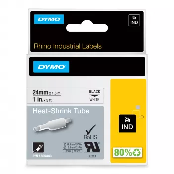 DYMO Rhino rūpnieciskās termosarūkošās kabeļu marķēšanas caurules | 24 mm x 1,5 m | Melns uz balta | Pašlīmējošas | Rhino marķētājiem