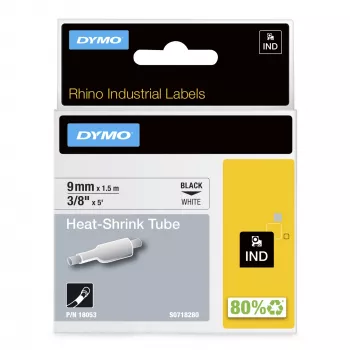 DYMO Rhino Industrial Heat-Shrink kabeļu marķēšanas caurules | 9 mm x 1,5 m | Melns uz balta | Rhino marķētājiem