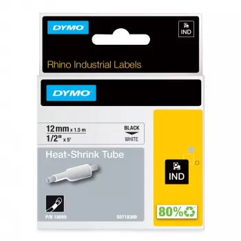 DYMO Rhino Rūpnieciskās termokurvīšu kabeļu marķēšanas caurules | 12mm x 1,5m | Melns uz balta | Rhino marķētājiem