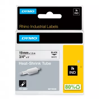DYMO Rhino termokameras kabeļu marķēšanas caurules | 19 mm x 1,5 m | Melns uz balta | Pašlīmējošas | Rhino marķētājiem