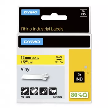 DYMO Rhino industriālās vinila etiķetes | 12 mm x 5,5 m | Melns drukājums uz dzeltena | Pašlīmējošas | Rhino un LabelManager marķētājiem