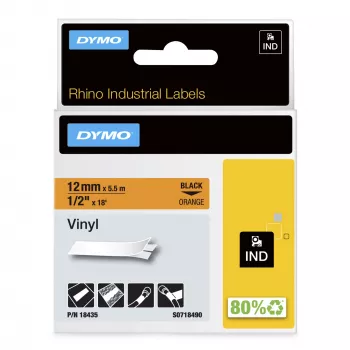 DYMO Rhino industriālās vinila etiķetes | 12 mm x 5,5 m | Melns uz oranža | Pašlīmējošas | Rhino un LabelManager marķētājiem