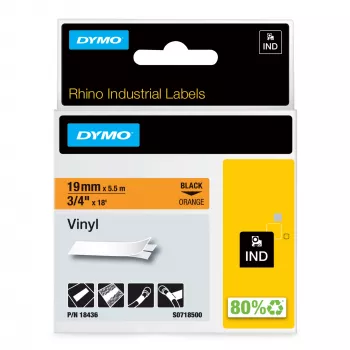 DYMO Rhino rūpnieciskās vinila etiķetes | 19 mm x 5,5 m | Melns uz oranža | Pašlīmējošas | Rhino un LabelManager marķētājiem