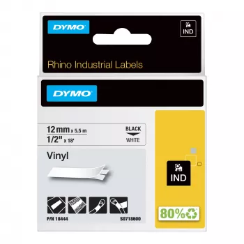 DYMO Rhino Industrial vinila lentes | 12 mm x 5,5 m | Melns uz balta | Pašlīmējošas | Rhino un LabelManager etiķešu printeriem