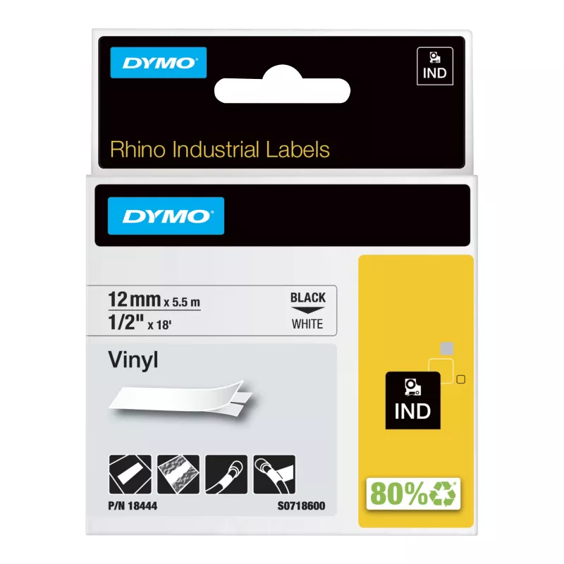 DYMO Rhino Industrial vinila lentes | 12 mm x 5,5 m | Melns uz balta | Pašlīmējošas | Rhino un LabelManager etiķešu printeriem