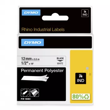 DYMO Rhino Industriālās Pastāvīgās Poliestera Etiķetes | 12 mm x 5,5 m | Melns Uzraksts uz Balta | Pašlīmējošas | Rhino un LabelManager Etiķešu Printeriem