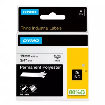 DYMO Rhino Industrial Pastāvīgās poliestera etiķetes | 19mm x 5.5m | Melns uz balta | Pašlīmējošas | Rhino un LabelManager etiķešu printeriem