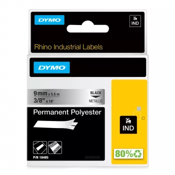 DYMO Rhino Industrial Pastāvīgās Poliestera Etiķetes | 9mm x 5.5m | Melns Uzraksts uz Metāliska Fona | Pašlīmējošas | Rhino & LabelManager Marķētājiem