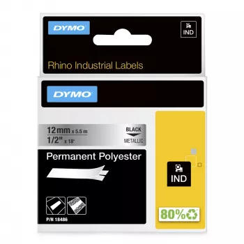 DYMO Rhino Industrial Pastāvīgās Poliestera Etiķetes | 12mm x 5.5m | Melns Uz Metāliska | Rhino & LabelManager marķieriem