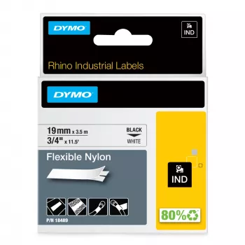 DYMO Rhino Industriālās Elastīgās Neilona Etiķetes | 19 mm x 3,5 m | Melns Uz Baltā | Pašlīmējošās | Rhino un LabelManager Marķētājiem