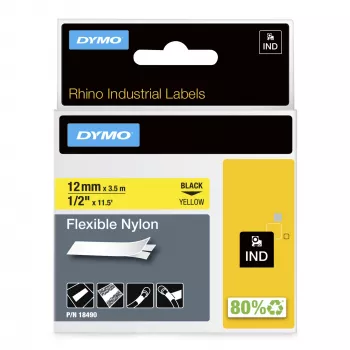 DYMO Rhino industriālās elastīgās neilona etiķetes | 12 mm x 3,5 m | Melns uz dzeltena | Pašlīmējošas | Rhino un LabelManager marķētājiem
