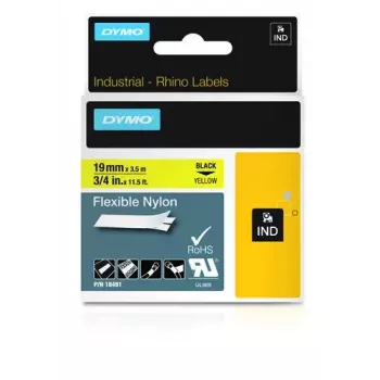 DYMO Rhino Industriālā Elastīgā Neilona Lente | 19 mm x 3,5 m | Melns Uz Dzeltena | Pašlīmējoša | Rhino & LabelManager Marķētājiem