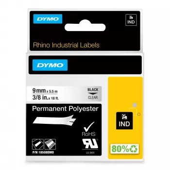 DYMO Rhino rūpnieciskās pastāvīgās poliestera etiķetes | 9 mm x 5,5 m | Melns drukājums uz caurspīdīgas | Pašlīmējošas | LabelManager un Rhino marķētājiem