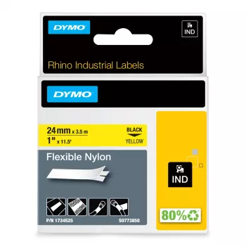 DYMO Rhino Industrial Elastīgās Nylon etiķetes | 24 mm x 3.5 m | Melns uz Dzeltena | Pašlīmējošas | Rhino & LabelManager marķētājiem