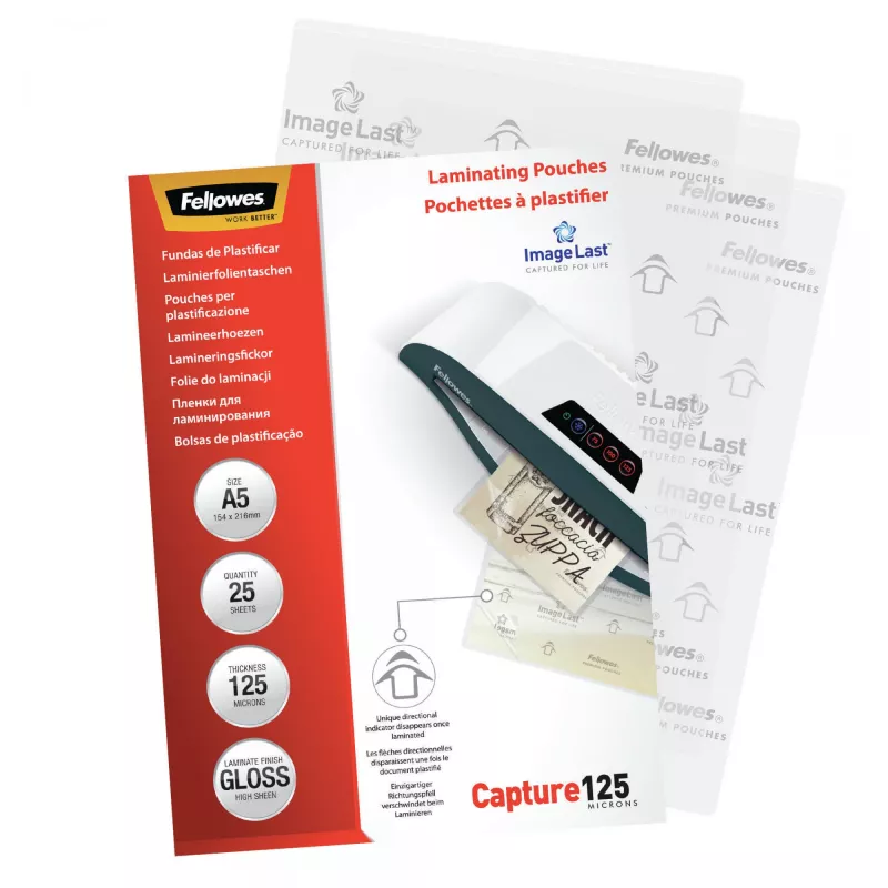 Fellowes ImageLast A5 125 Mikronu Laminēšanas Kabata - 25 gab., Spīdīga, Caurspīdīga, A5, 0.125 mm, 218 mm, 1 mm