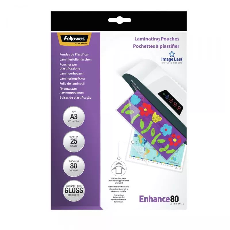 Fellowes ImageLast A3 80 Mikronu Laminēšanas Plēve - 25 gab., Spīdīga, Caurspīdīga, A3, 0.08 mm, 430 mm, 1 mm